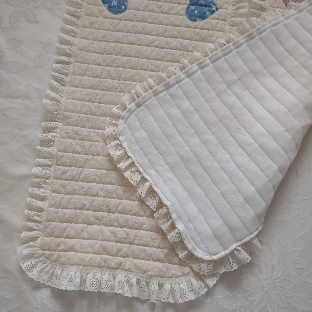 2 Quilted Lace Ruffled Trim Table Runner with Blue and Pink Hearts - Picture 6 of 8